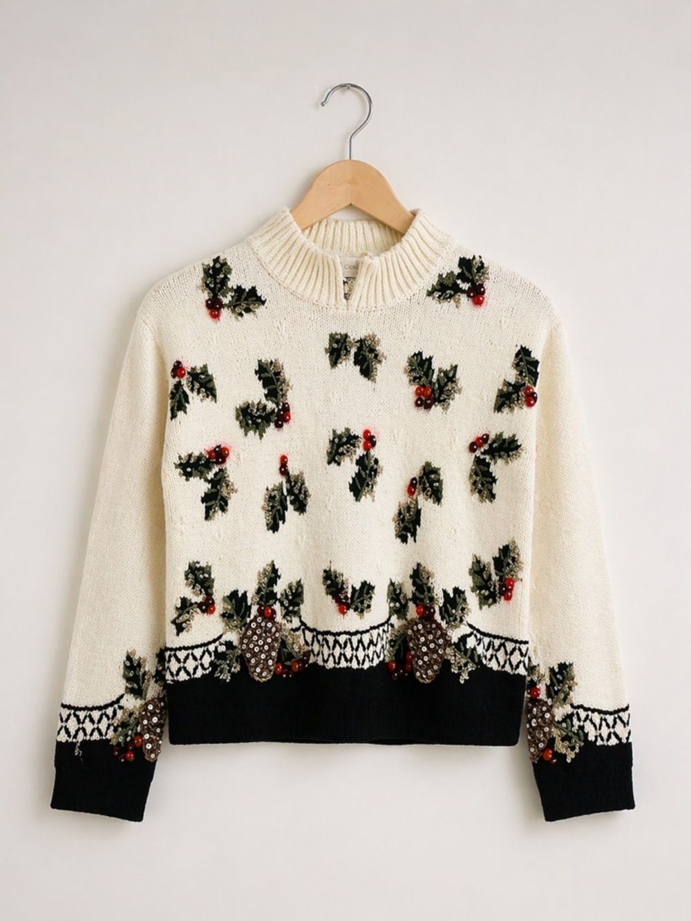 Casual Corner Holiday Sweater L Embellishment Holly Berry Knit Christmas